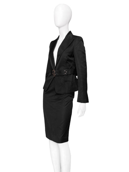 Gucci Fall 2003 Tom Ford Black Belted Bondage Blazer Jacket Skirt Suit 42&40