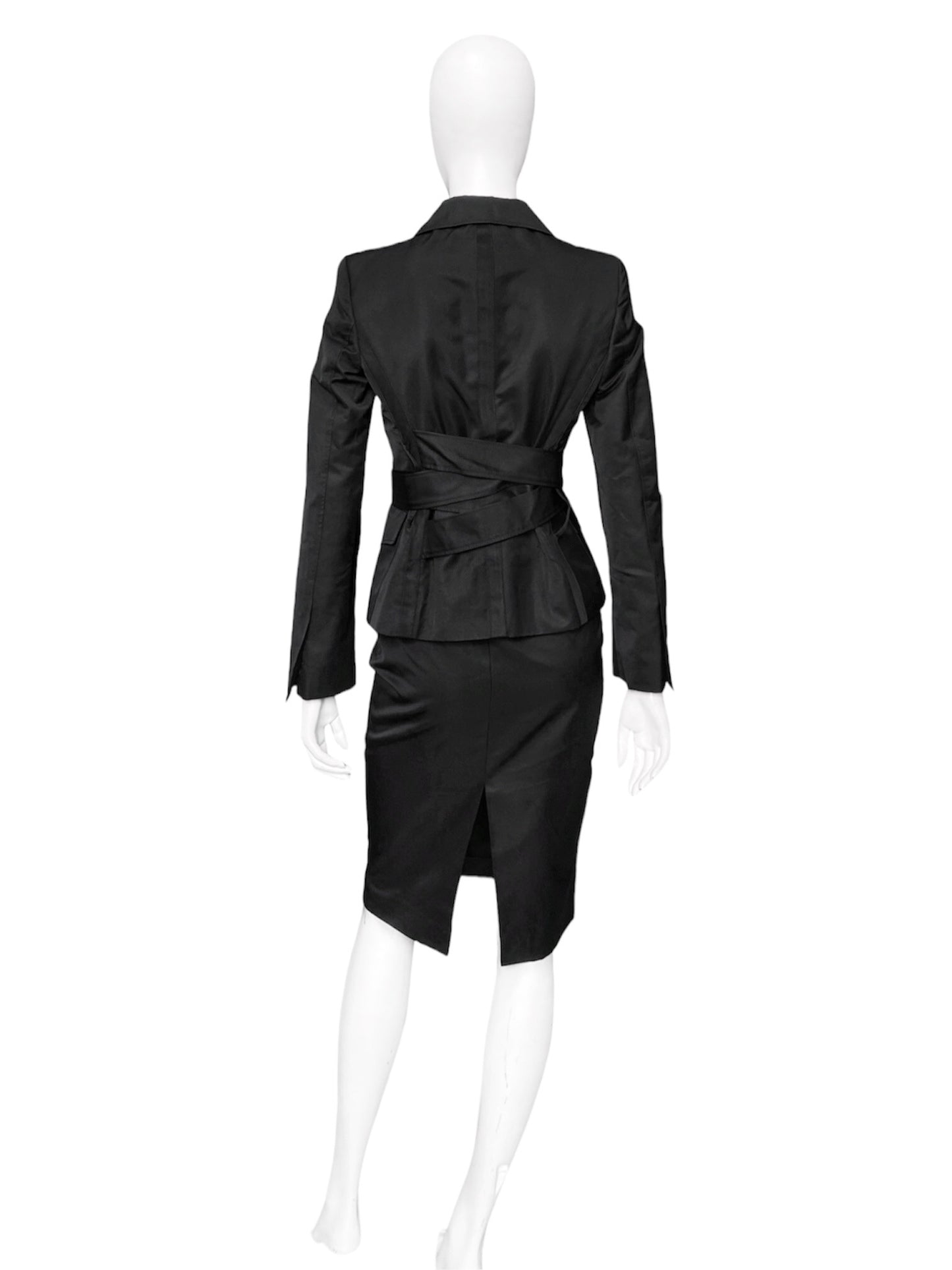 Gucci Fall 2003 Tom Ford Black Belted Bondage Blazer Jacket Skirt Suit 42&40