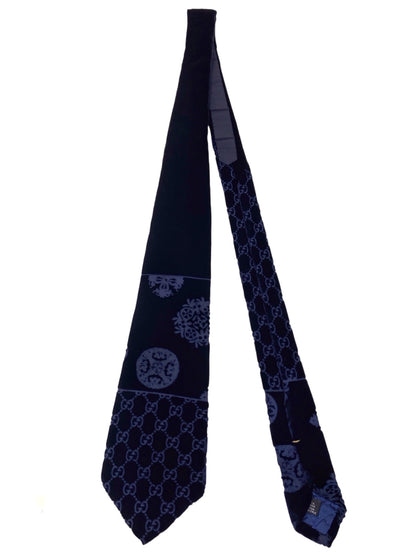 Gucci Fall 1997 Tom Ford Navy Patchwork Monogrammed Velvet Silk Tie