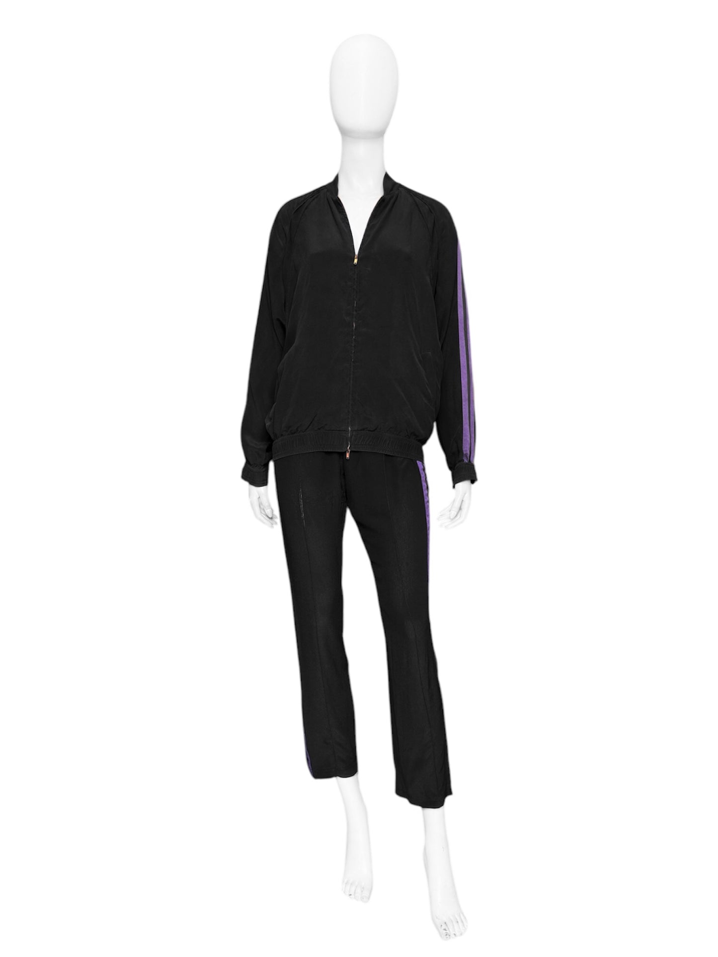 Gucci Spring 2004 Tom Ford Black Webbing Striped Crepe de Chine Silk Bomber Jacket pants tracksuit 38