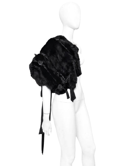 FINALE Gucci Fall 2002 Tom Ford Black Fitch Fur Pelt Stole with Leather & Silk Satin Ribbons