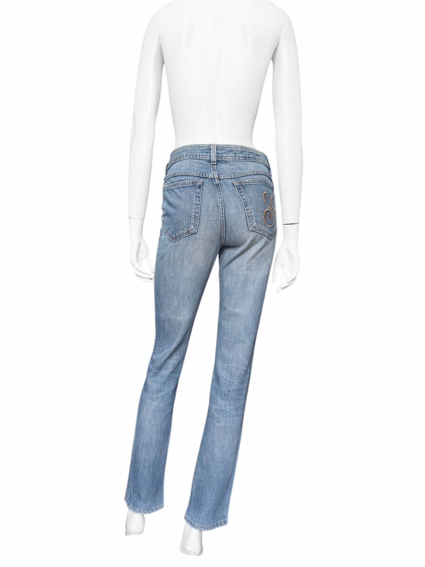 Gucci Fall 2001 Tom Ford “G” Cursive Embroidery Light Blue Washed Jeans 40