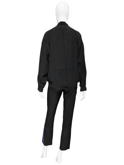 Gucci Spring 2004 Tom Ford Black Webbing Striped Crepe de Chine Silk Bomber Jacket pants tracksuit 38