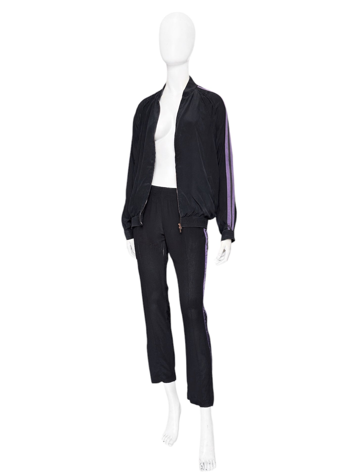 Gucci Spring 2004 Tom Ford Black Webbing Striped Crepe de Chine Silk Bomber Jacket pants tracksuit 38