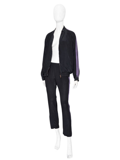 Gucci Spring 2004 Tom Ford Black Webbing Striped Crepe de Chine Silk Bomber Jacket pants tracksuit 38