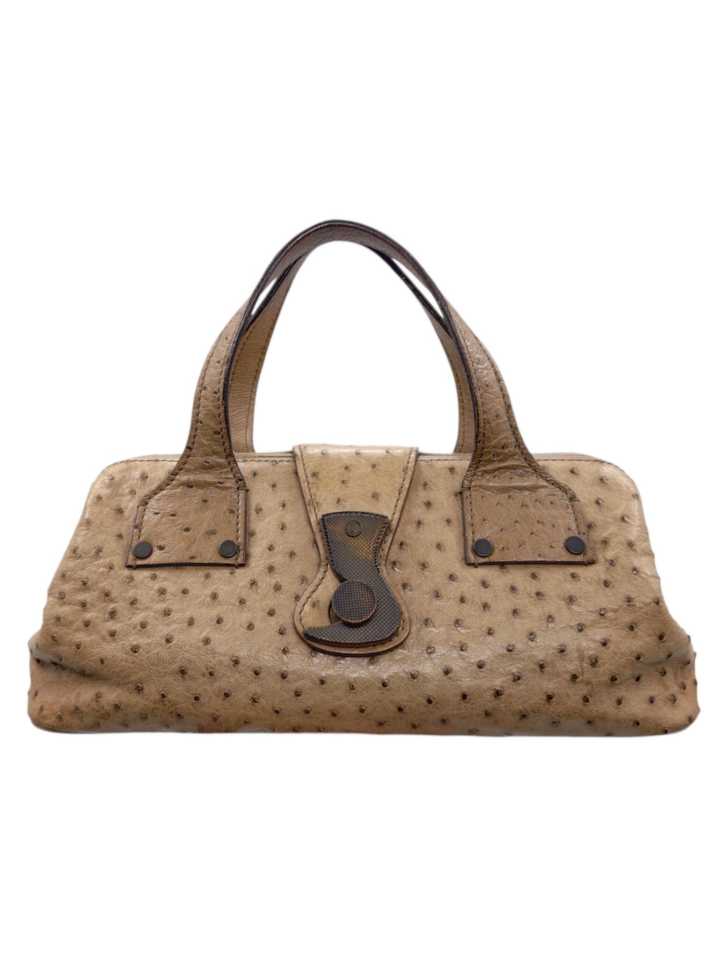 Gucci Fall 2002 Tom Ford Light Bark Beige Ostrich Leather Wooden Hook Doctors Bag Handbag