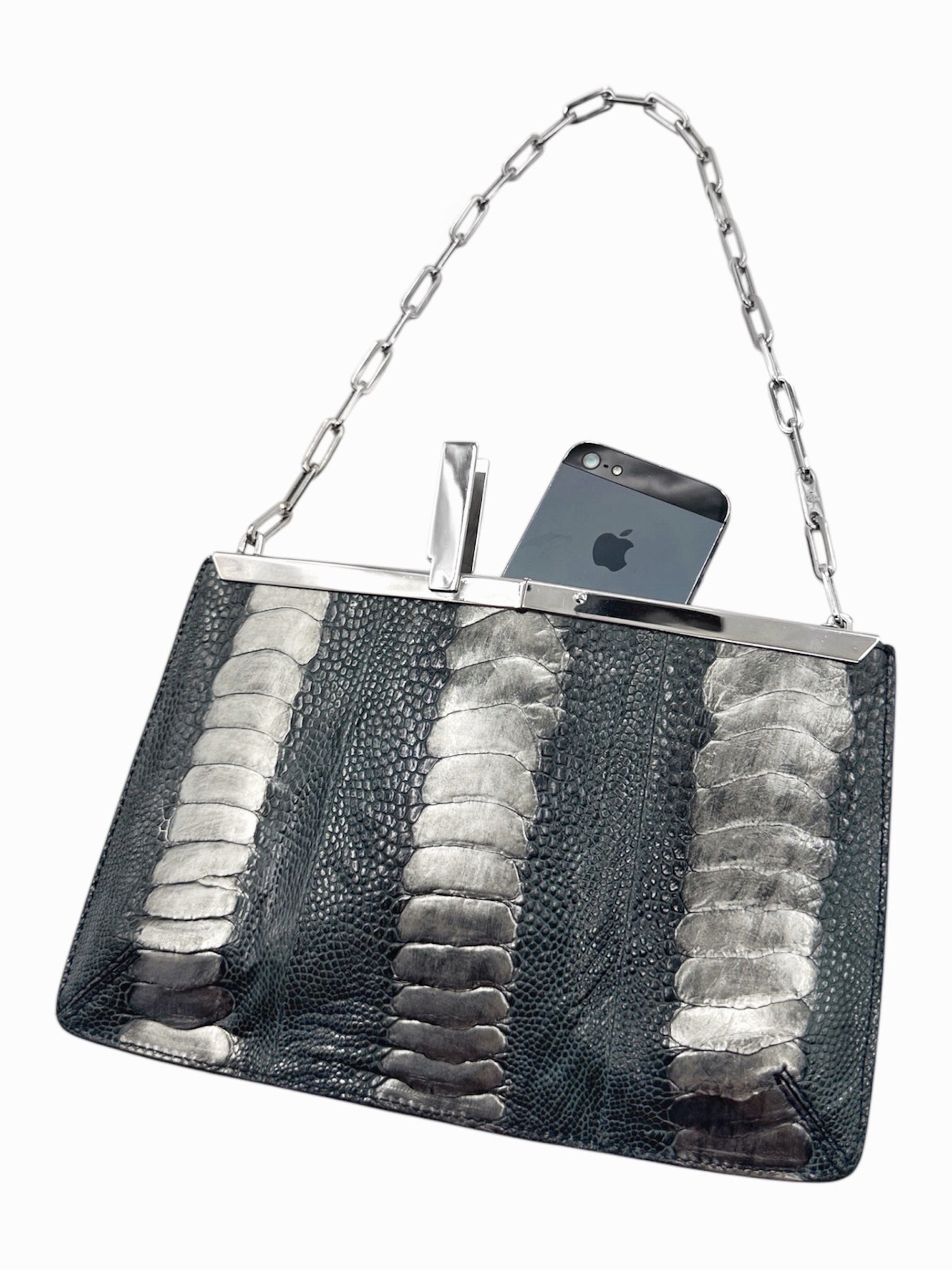 Gucci Spring 2000 Tom Ford Green & Silver Ostrich Leg Leather Chain Link Slim Clasp Clutch Bag