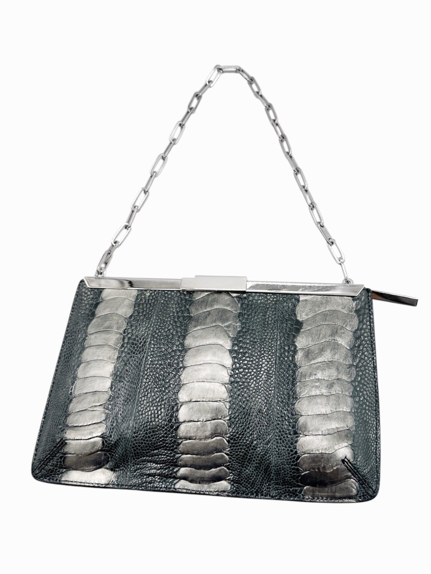 Gucci Spring 2000 Tom Ford Green & Silver Ostrich Leg Leather Chain Link Slim Clasp Clutch Bag