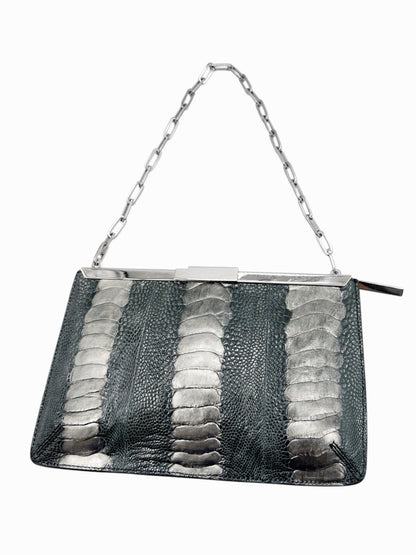 Gucci Spring 2000 Tom Ford Green & Silver Ostrich Leg Leather Chain Link Slim Clasp Clutch Bag