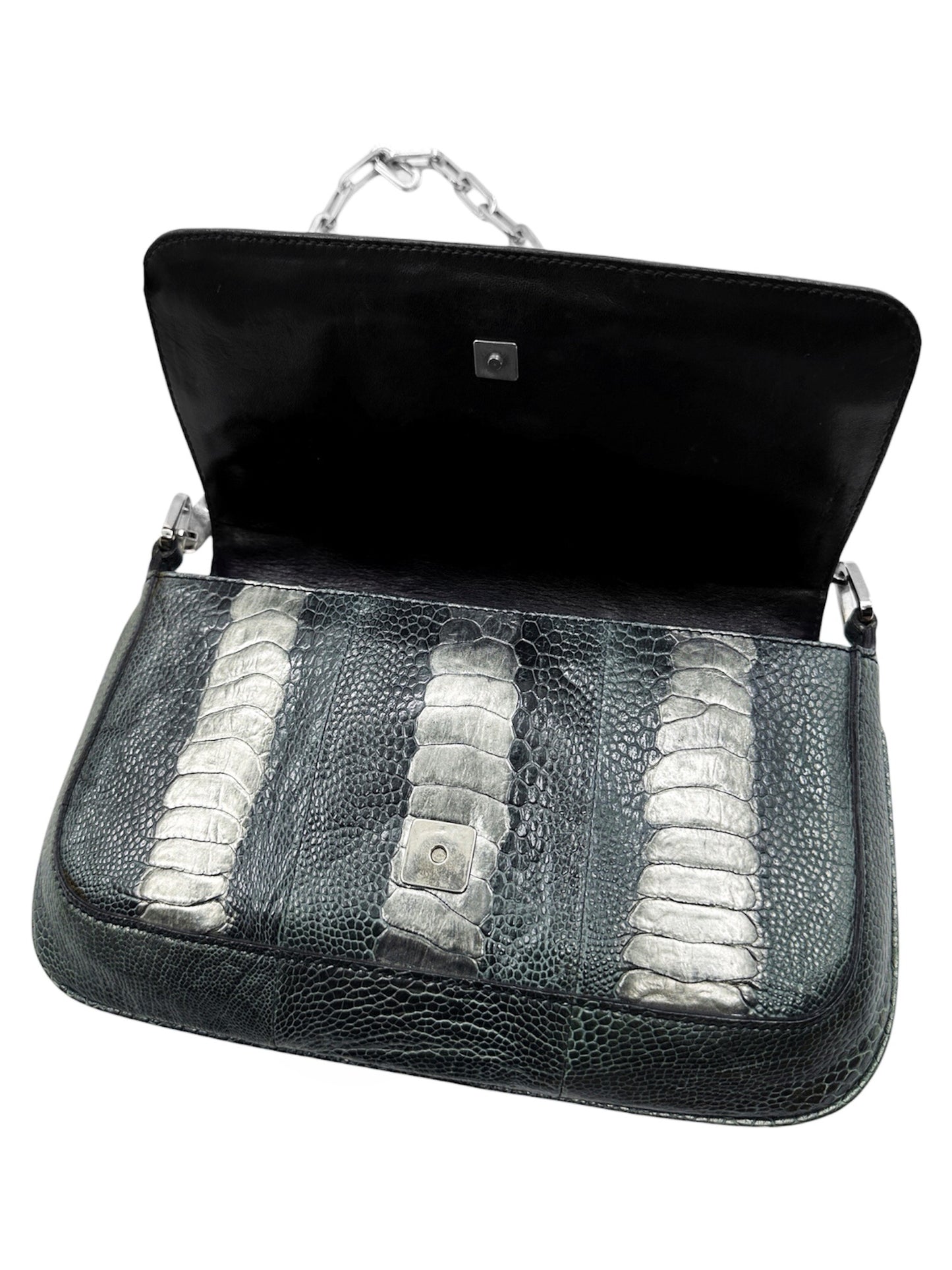 Gucci Spring 2000 Tom Ford Green & Silver Ostrich Leg Leather Chain Link Flapped Handbag