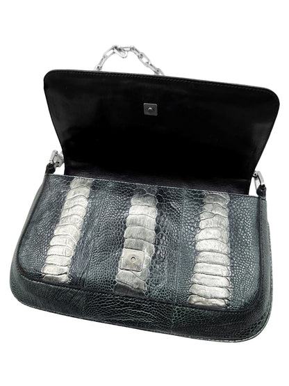 Gucci Spring 2000 Tom Ford Green & Silver Ostrich Leg Leather Chain Link Flapped Handbag