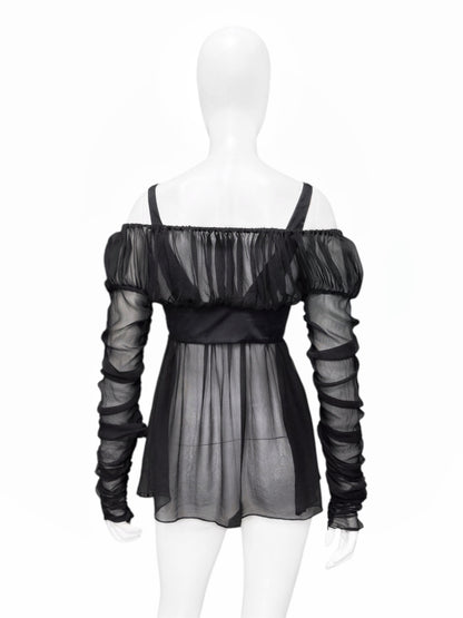 Gucci Fall 2005 Black Drop Shoulder Ruched Sheer Pure Silk Satin Top 40