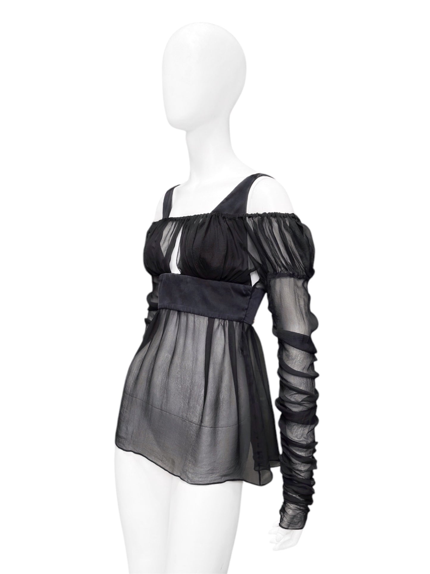 Gucci Fall 2005 Black Drop Shoulder Ruched Sheer Pure Silk Satin Top 40