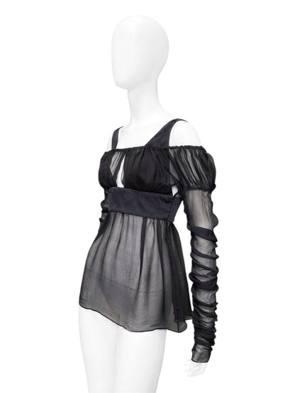 Gucci Fall 2005 Black Drop Shoulder Ruched Sheer Pure Silk Satin Top 40