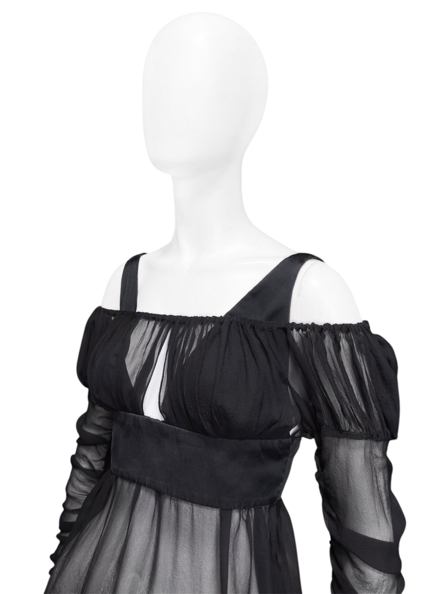 Gucci Fall 2005 Black Drop Shoulder Ruched Sheer Pure Silk Satin Top 40