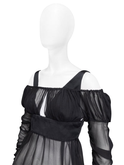 Gucci Fall 2005 Black Drop Shoulder Ruched Sheer Pure Silk Satin Top 40