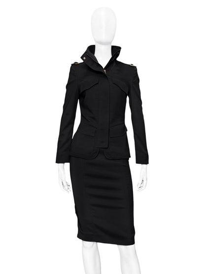 Gucci Fall 2003 Tom Ford Epaulettes Military Jacket Ruched Pencil Skirt Suit Set 38