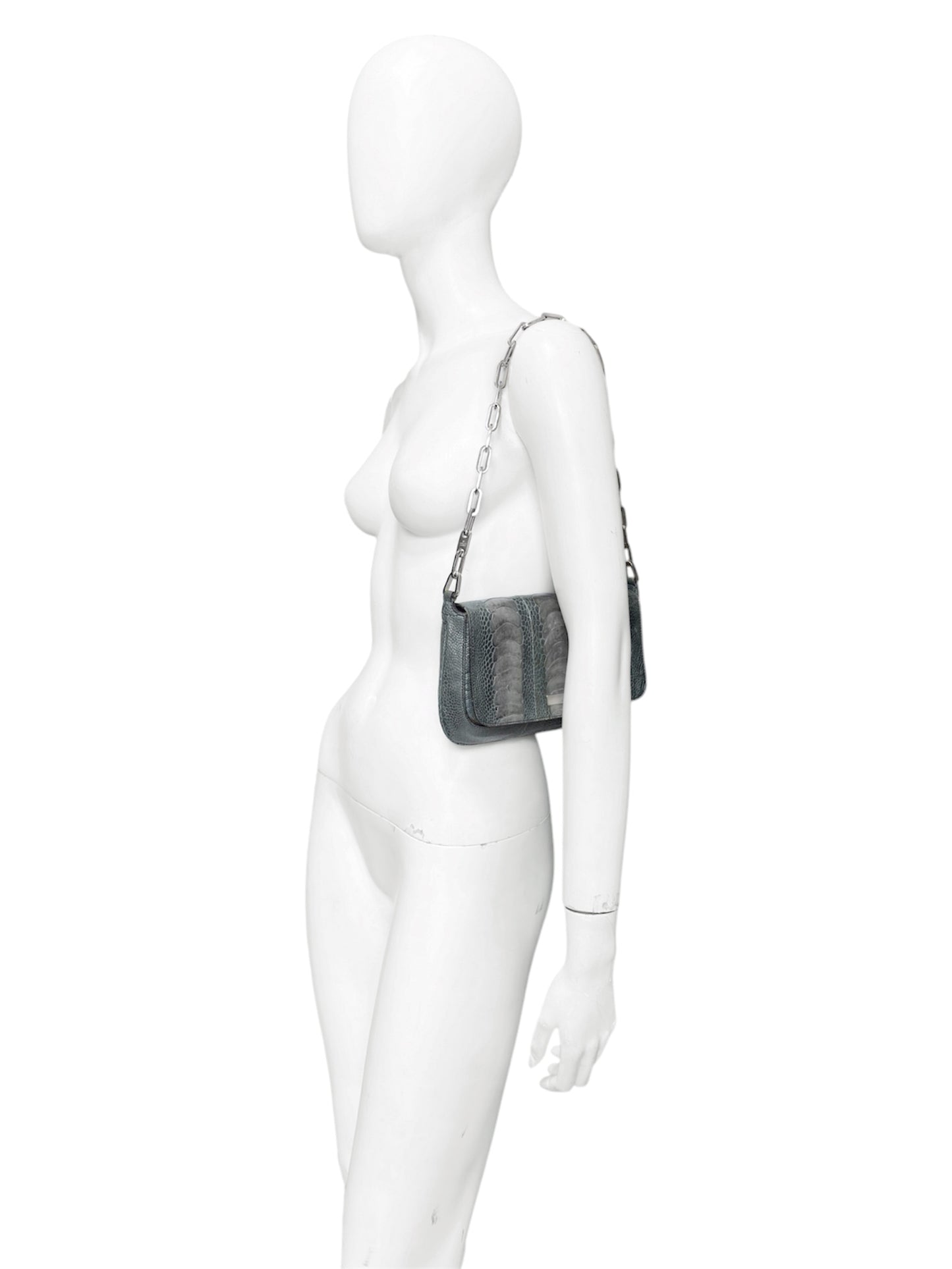 Gucci Spring 2000 Tom Ford Green & Silver Ostrich Leg Leather Chain Link Flapped Handbag