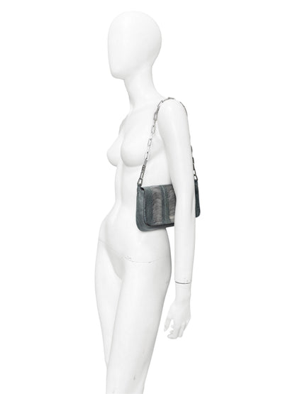 Gucci Spring 2000 Tom Ford Green & Silver Ostrich Leg Leather Chain Link Flapped Handbag