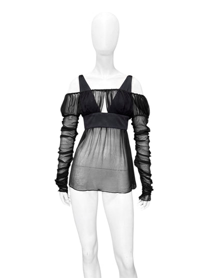 Gucci Fall 2005 Black Drop Shoulder Ruched Sheer Pure Silk Satin Top 40