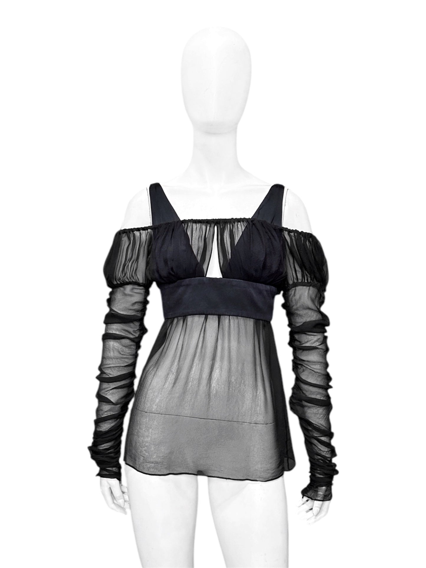 Gucci Fall 2005 Black Drop Shoulder Ruched Sheer Pure Silk Satin Top 40