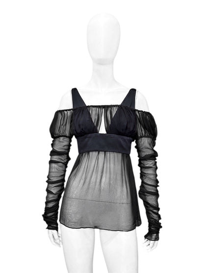 Gucci Fall 2005 Black Drop Shoulder Ruched Sheer Pure Silk Satin Top 40