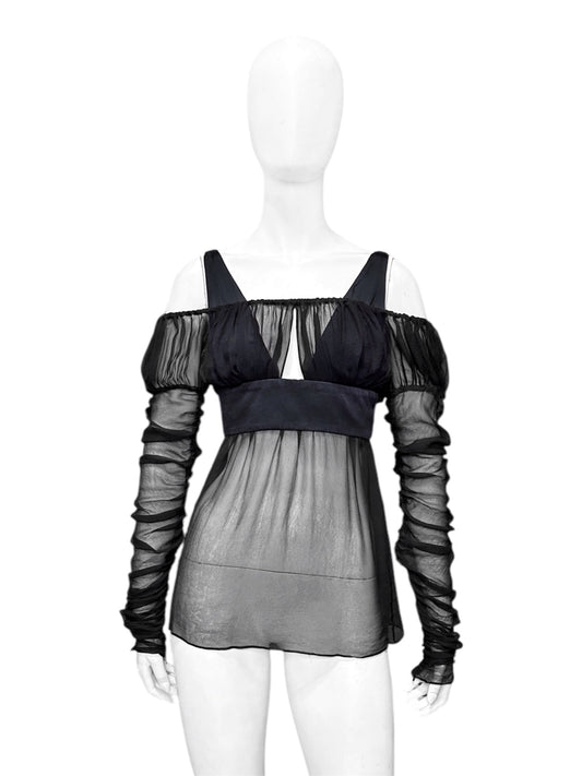 Gucci Fall 2005 Black Drop Shoulder Ruched Sheer Pure Silk Satin Top 40