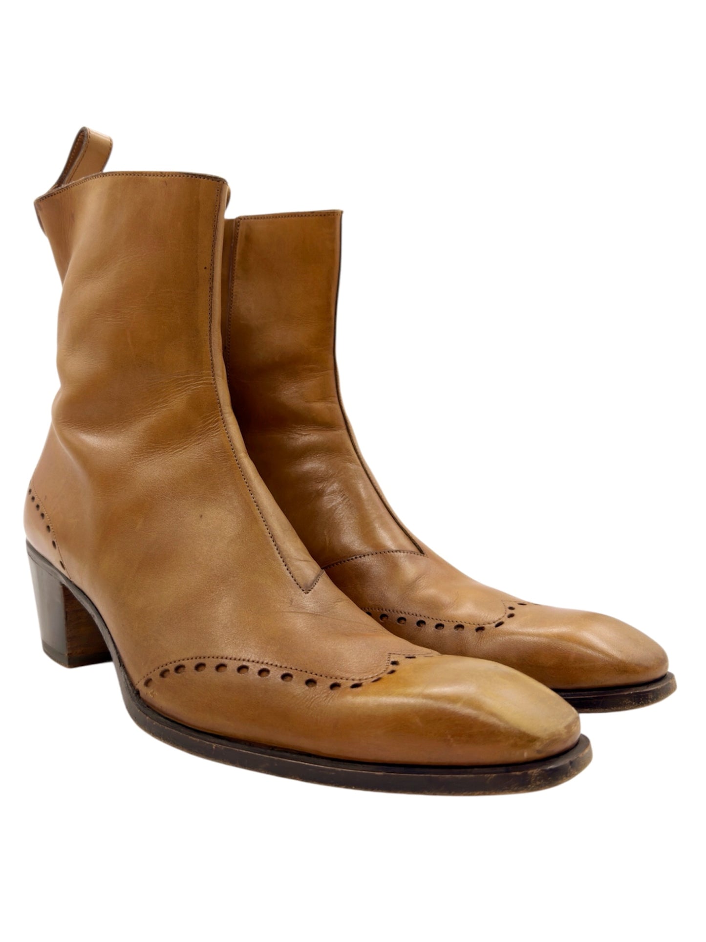 Yves Saint Laurent Rive Gauche Tom Ford Spring 2004 Men’s First Edition 65mm “Jonny” Brown Leather Wingtip Cuban Heeled Boots 44