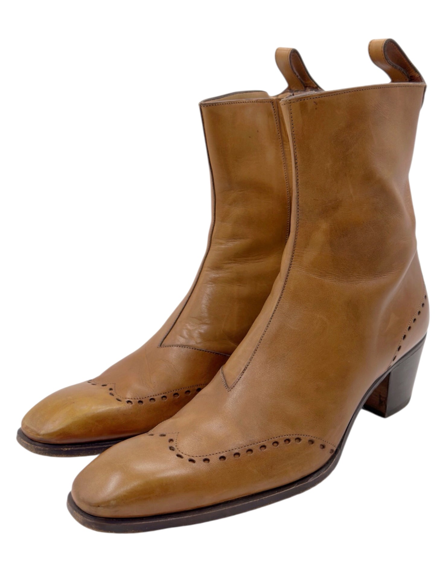 Yves Saint Laurent Rive Gauche Tom Ford Spring 2004 Men’s First Edition 65mm “Jonny” Brown Leather Wingtip Cuban Heeled Boots 44