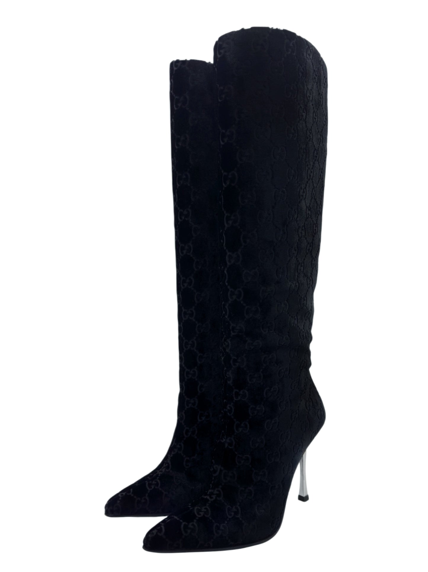 Gucci Fall 1997 Tom Ford Dark Navy Guccisima Monogram Velvet Metal Heel Tall Boots 36