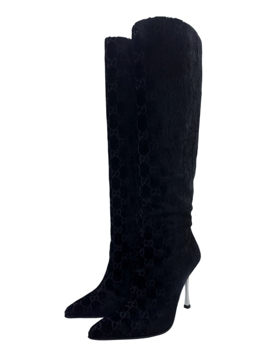 Gucci Fall 1997 Tom Ford Dark Navy Guccisima Monogram Velvet Metal Heel Tall Boots 36