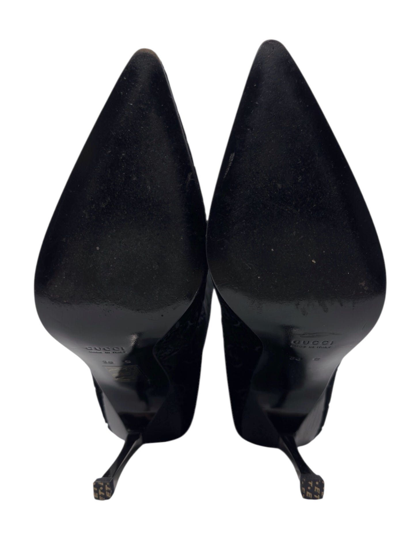 Gucci Fall 1997 Tom Ford Dark Navy Guccisima Monogram Velvet Metal Heel Tall Boots 36