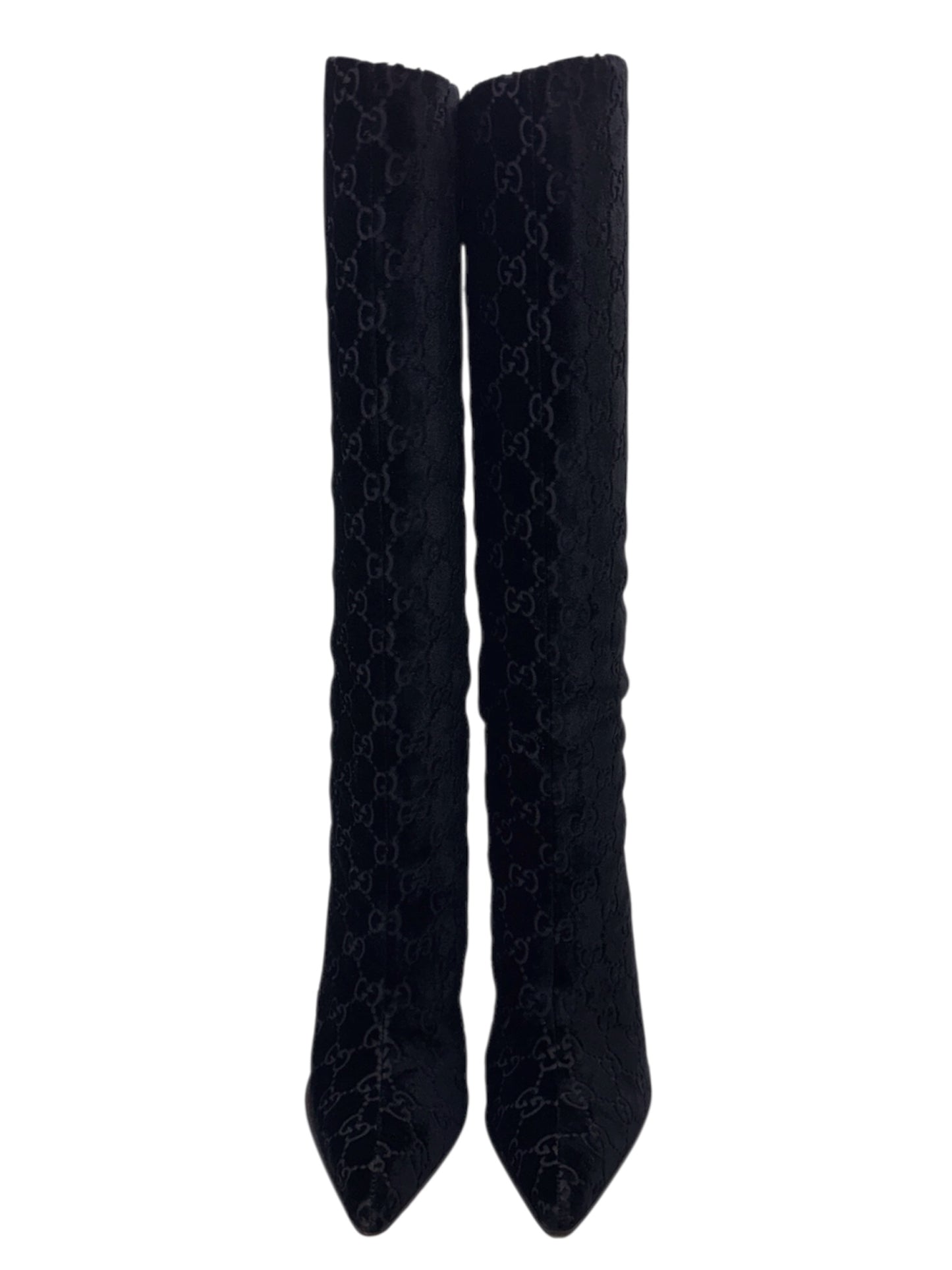 Gucci Fall 1997 Tom Ford Dark Navy Guccisima Monogram Velvet Metal Heel Tall Boots 36