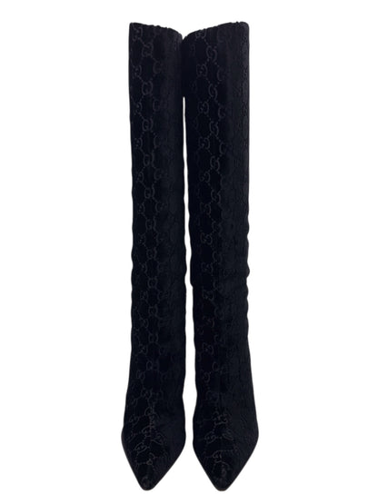 Gucci Fall 1997 Tom Ford Dark Navy Guccisima Monogram Velvet Metal Heel Tall Boots 36