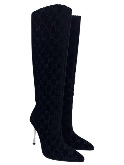 Gucci Fall 1997 Tom Ford Dark Navy Guccisima Monogram Velvet Metal Heel Tall Boots 36