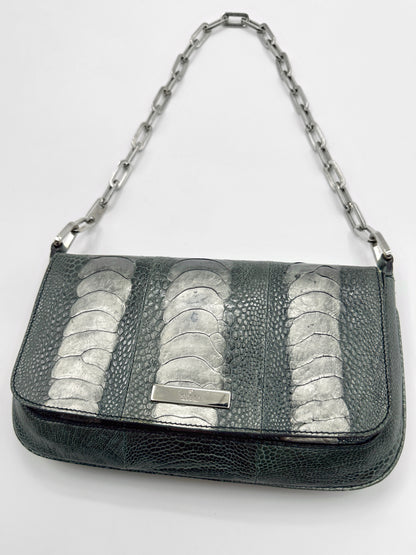 Gucci Spring 2000 Tom Ford Green & Silver Ostrich Leg Leather Chain Link Flapped Handbag
