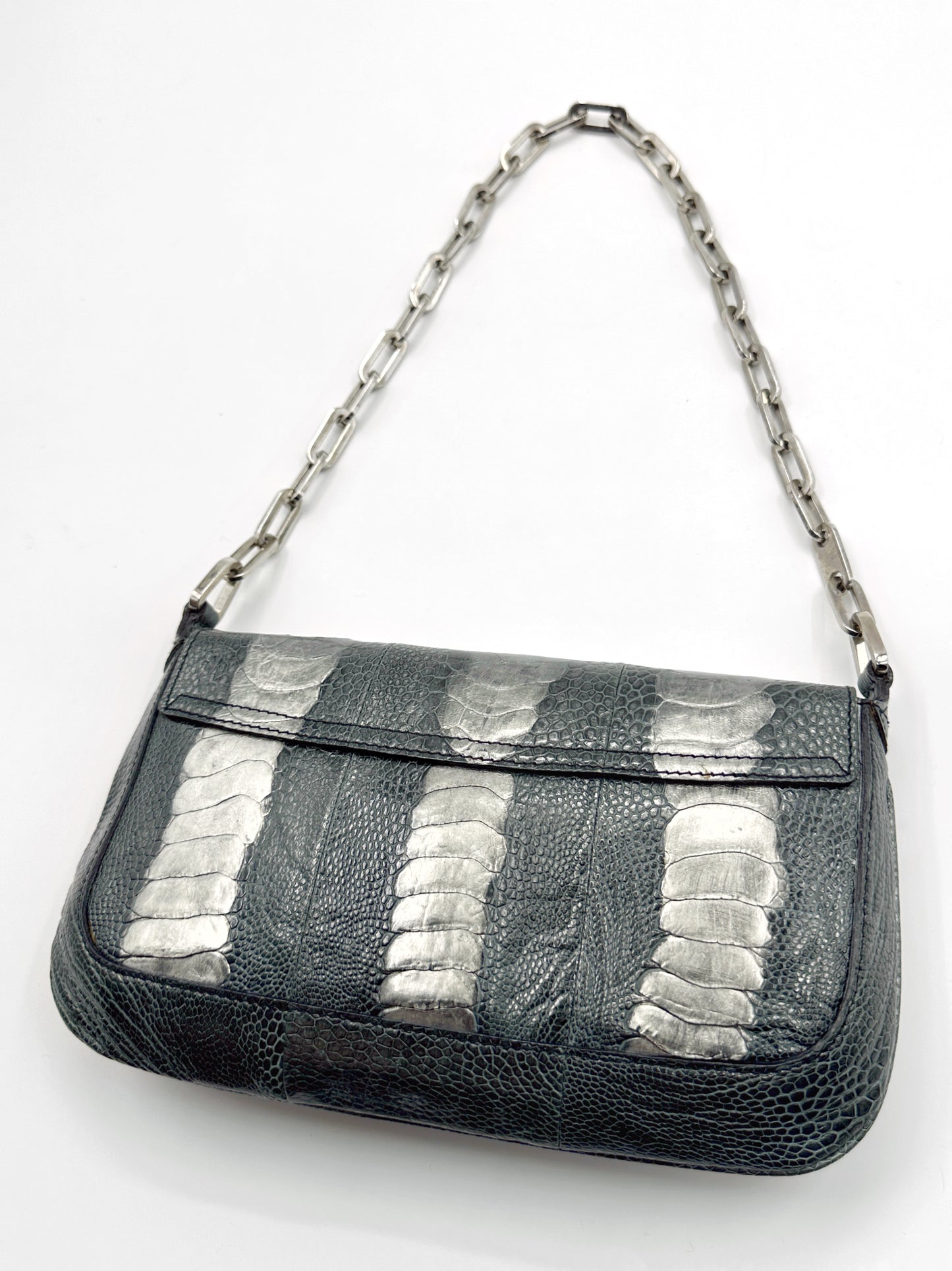 Gucci Spring 2000 Tom Ford Green & Silver Ostrich Leg Leather Chain Link Flapped Handbag