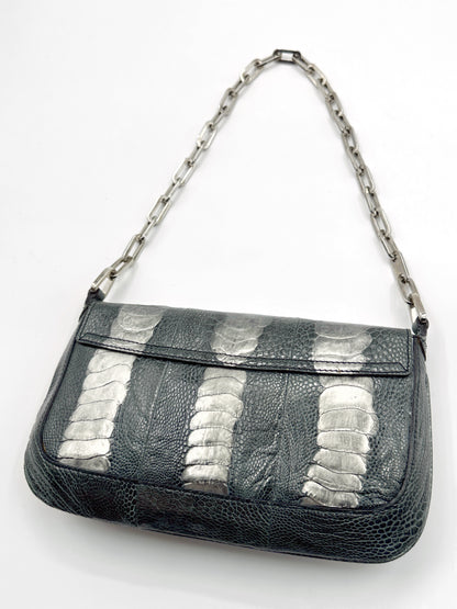Gucci Spring 2000 Tom Ford Green & Silver Ostrich Leg Leather Chain Link Flapped Handbag