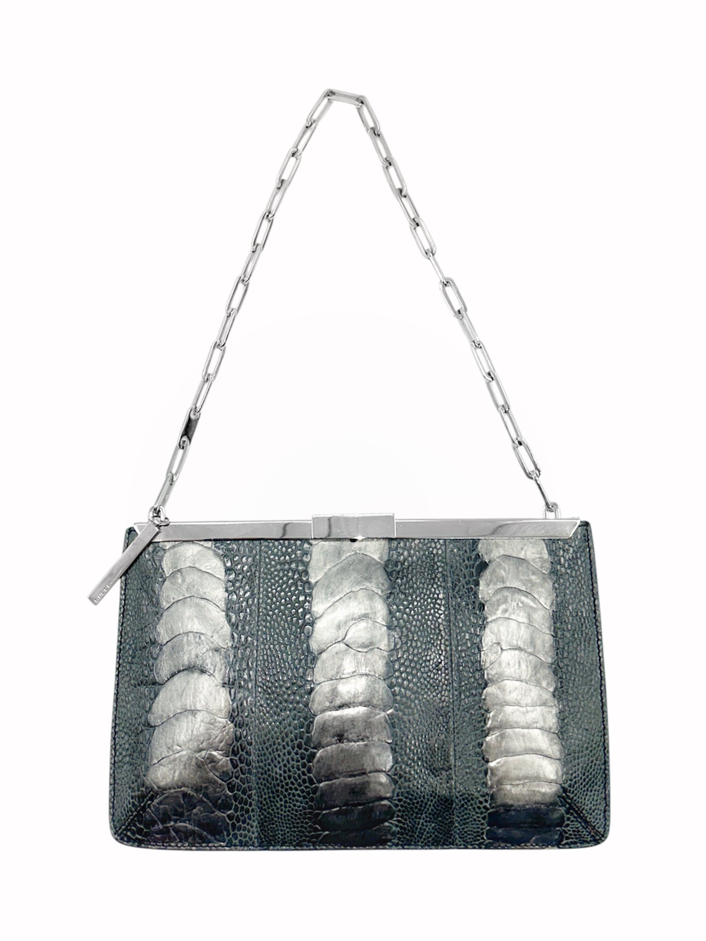 Gucci Spring 2000 Tom Ford Green & Silver Ostrich Leg Leather Chain Link Slim Clasp Clutch Bag
