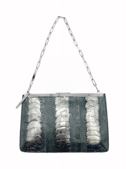 Gucci Spring 2000 Tom Ford Green & Silver Ostrich Leg Leather Chain Link Slim Clasp Clutch Bag