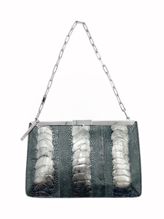 Gucci Spring 2000 Tom Ford Green & Silver Ostrich Leg Leather Chain Link Slim Clasp Clutch Bag