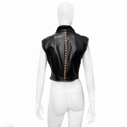 Gianni Versace Fall 1992 Midnight Cowgirl Lambskin Leather Vest with Mongolian Hair Collar and Gold Medusa Embellishments