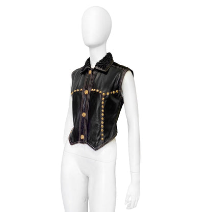 Gianni Versace Fall 1992 Midnight Cowgirl Lambskin Leather Vest with Mongolian Hair Collar and Gold Medusa Embellishments