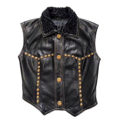 Gianni Versace Fall 1992 Midnight Cowgirl Lambskin Leather Vest with Mongolian Hair Collar and Gold Medusa Embellishments