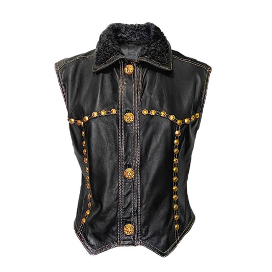 Gianni Versace Fall 1992 Midnight Cowgirl Lambskin Leather Vest with Mongolian Hair Collar and Gold Medusa Embellishments