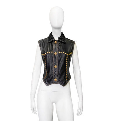 Gianni Versace Fall 1992 Midnight Cowgirl Lambskin Leather Vest with Mongolian Hair Collar and Gold Medusa Embellishments