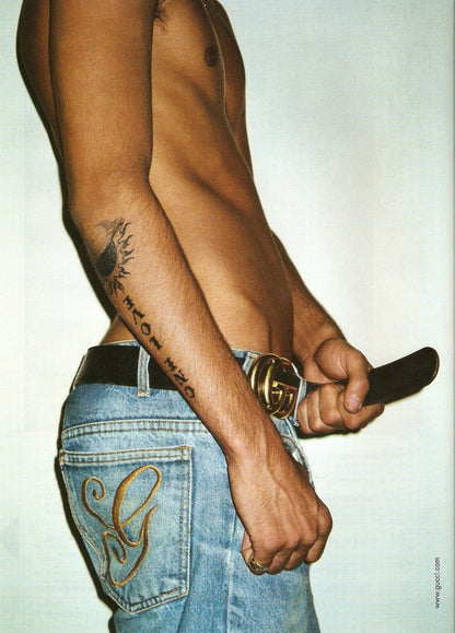 Gucci Fall 2001 Tom Ford “G” Cursive Embroidery Light Blue Washed Jeans 40