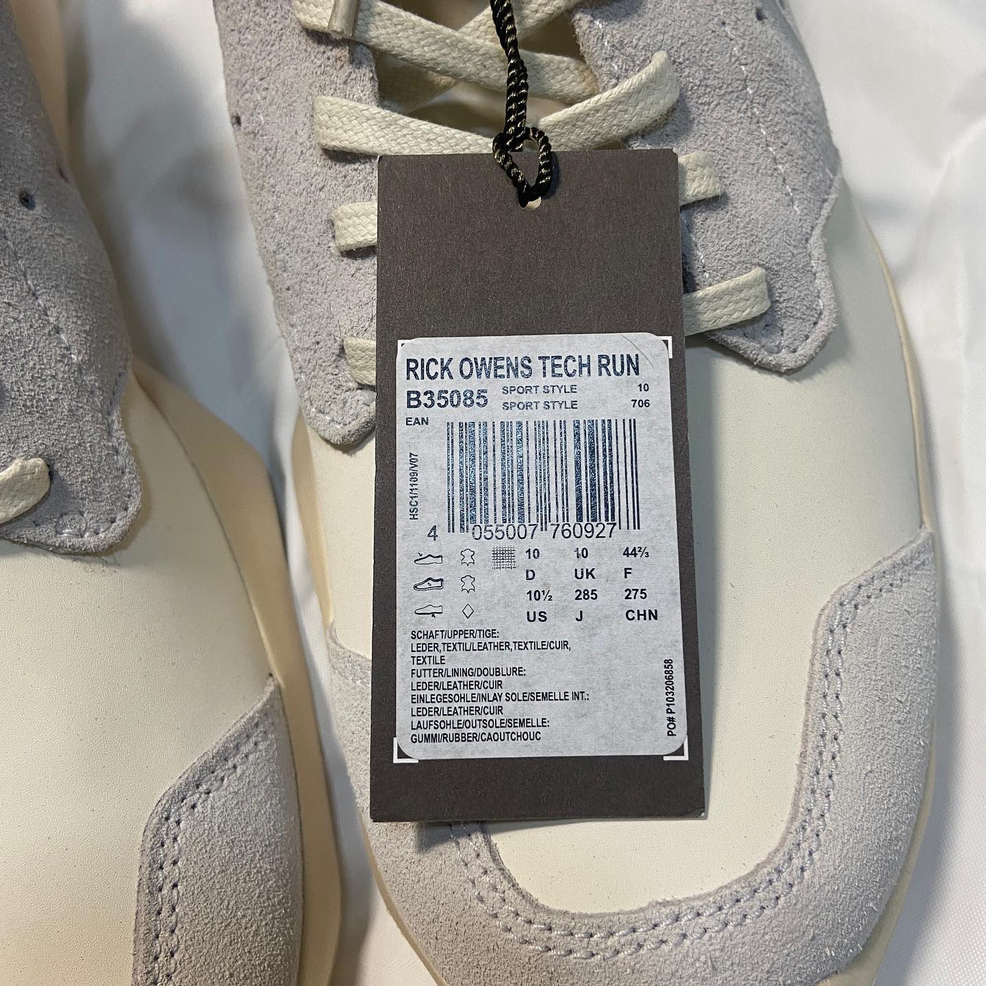 Rick owens x adidas white chalk tech runner sneakers 44.5