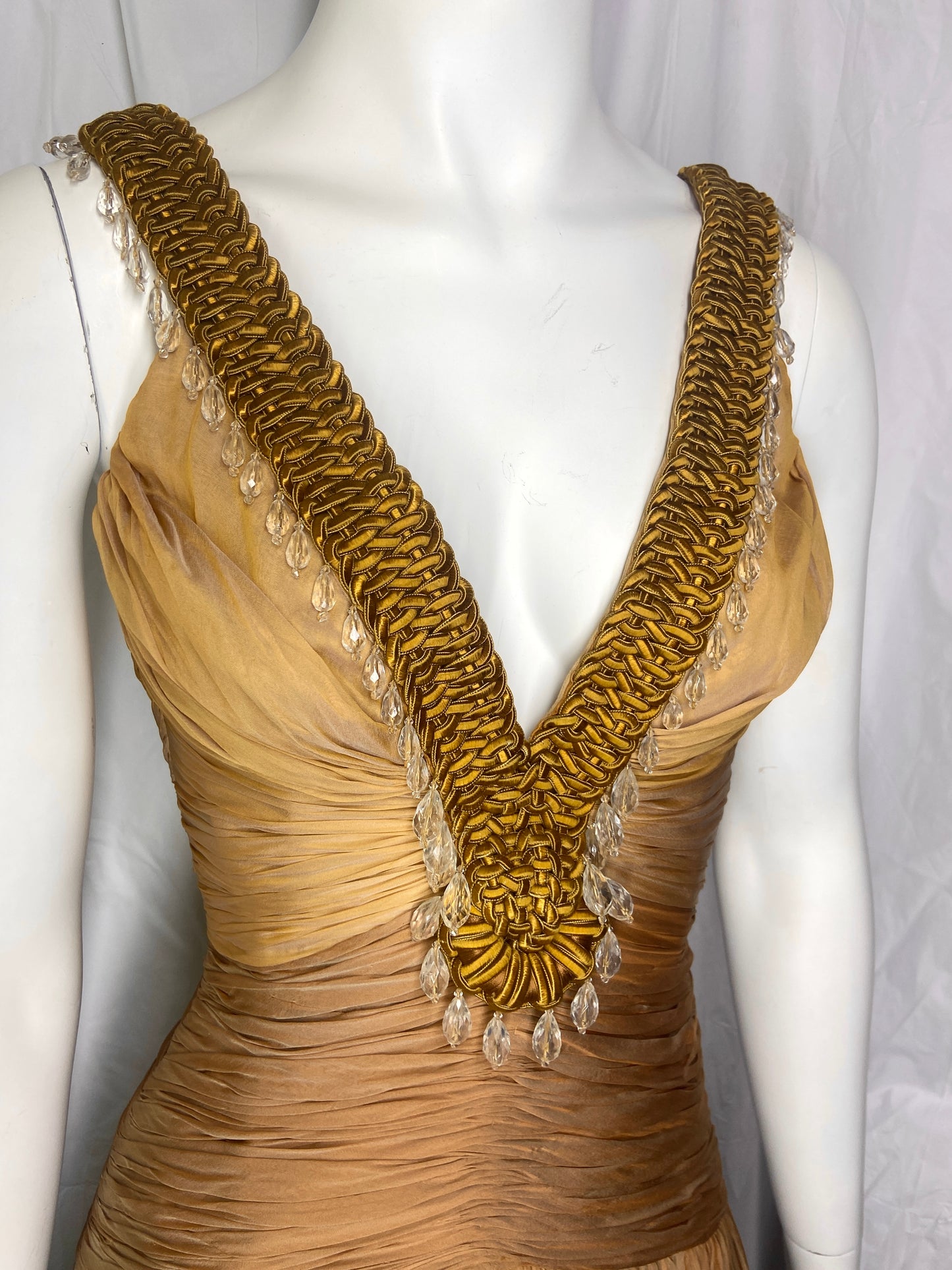 Versace 2006ss gold plunging neckline embossed crystal silk draped dress 38