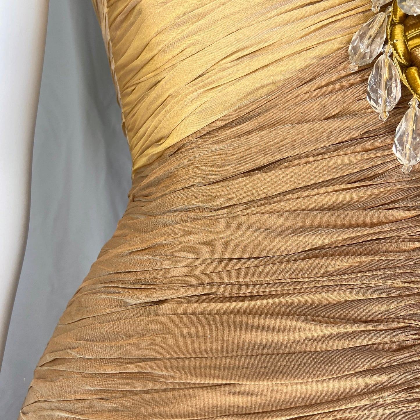 Versace 2006ss gold plunging neckline embossed crystal silk draped dress 38